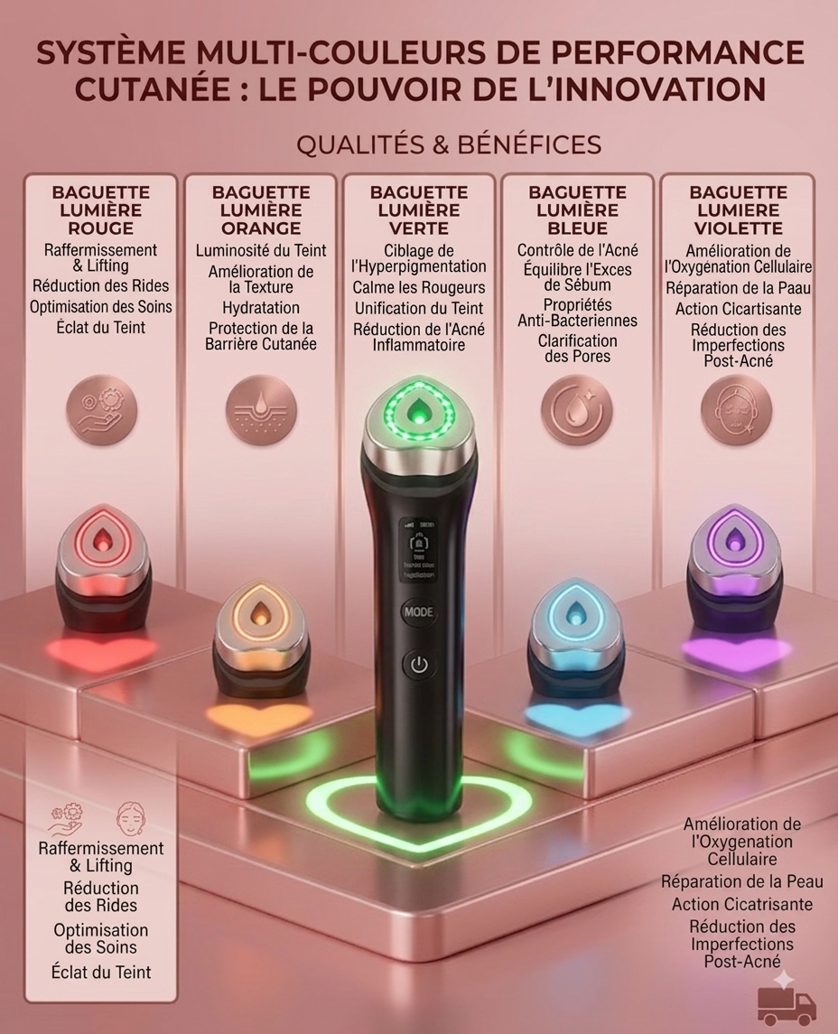 Nouvelle baguette de thérapie cutanée multifonctions 6 en 1,avec lumières LED pour le visage